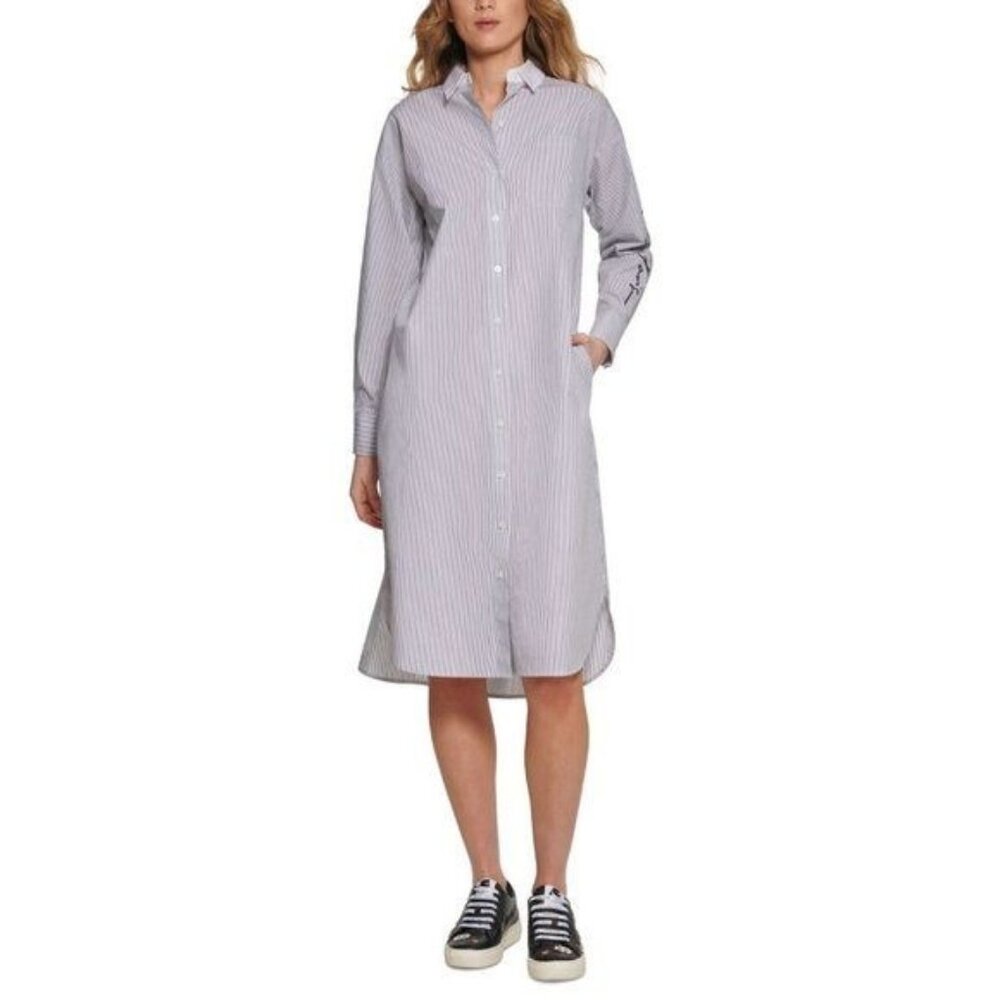 AJ-2597 Karl Lagerfeld Paris Women's Striped Shirt Dress White/Black Size S